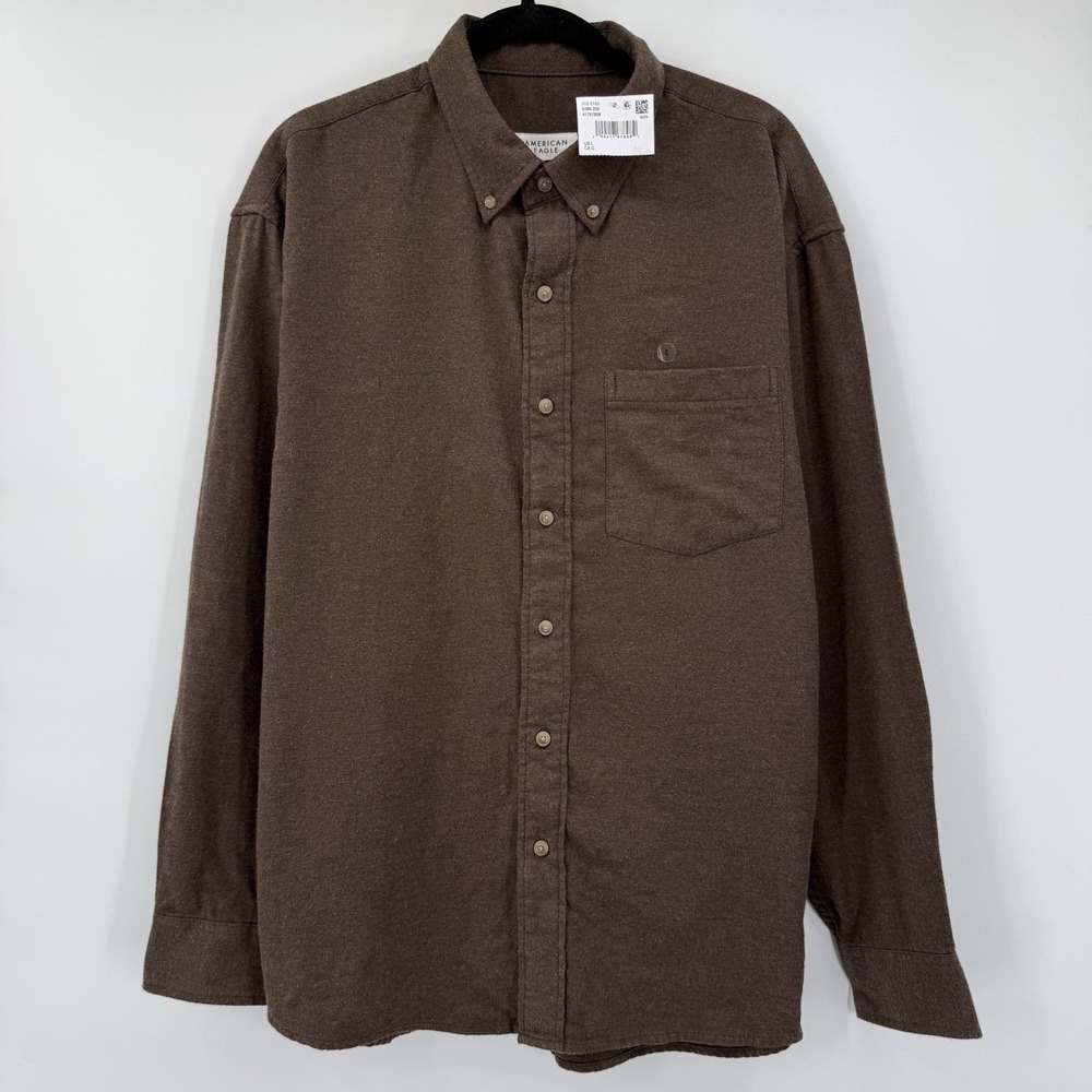 NWT American Eagle Relaxed Fit Flannel Shirt Mens Sz L Brown Button Up